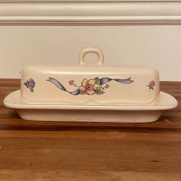 Butter Dish with Lid Floral and Ribbon Design by International China Stoneware - Picture 2 of 6